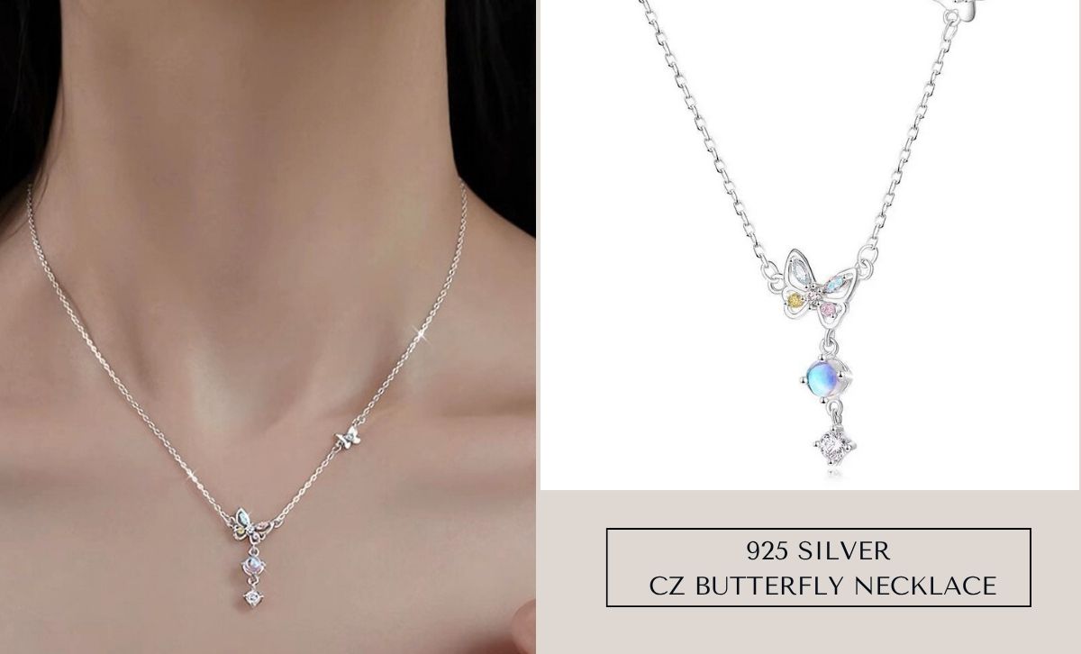 A model showcasing the delicate 925 silver CZ butterfly station necklace, perfect for wholesale.