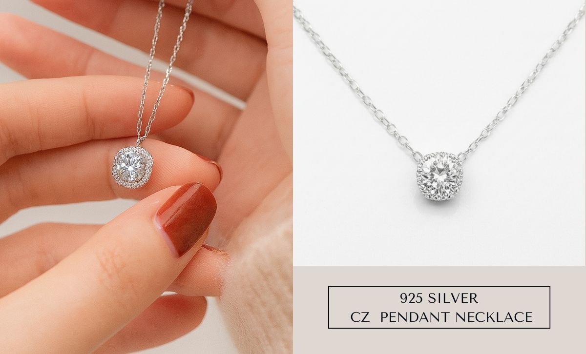 A model wears the dainty silver CZ pendant necklace, ideal for gift jewelry wholesale buyers.