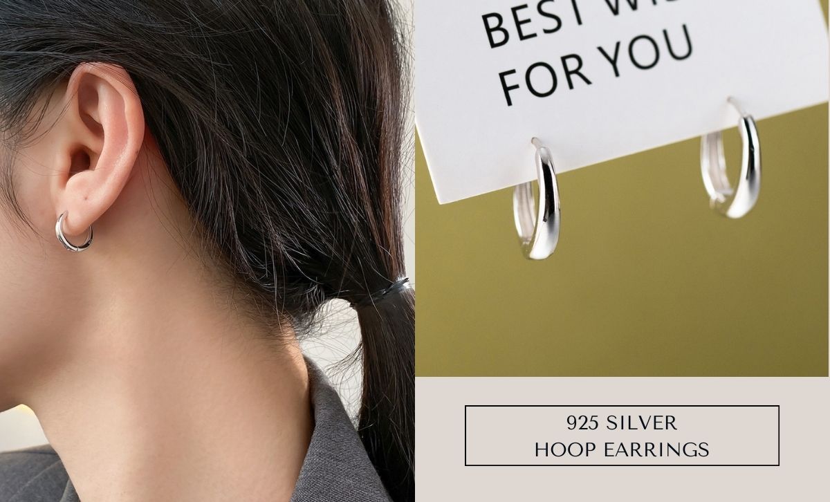 Model wearing minimalist sterling silver hoop earrings, ideal for summer jewelry and boutique bulk sourcing