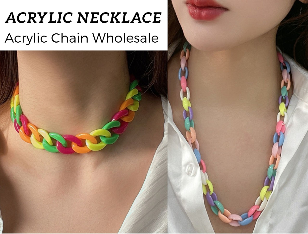 A pair of colorful acrylic chain necklaces displayed for wholesale.