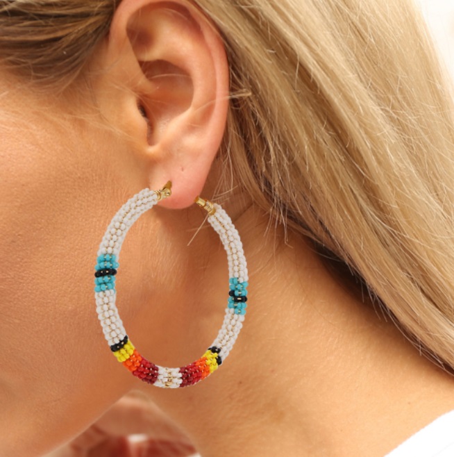 Model showcasing the Rainbow Summer Miyuki Bead Big Hoop Earring