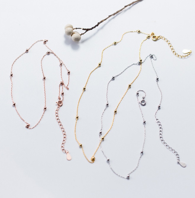 Collection of 925 Sterling Silver Bead Chain Necklaces in silver, gold, and rose gold