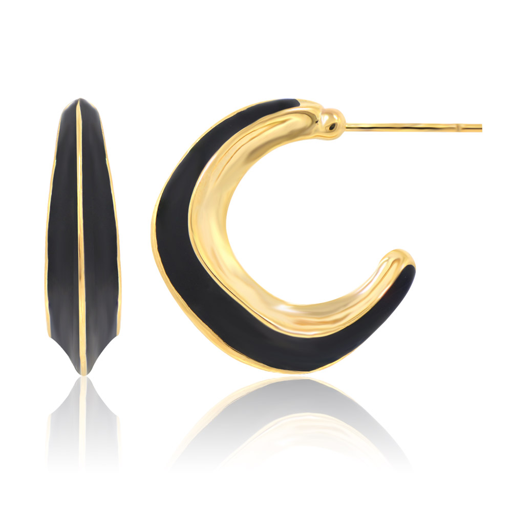 Detailed view of the black enamel hoop earring's craftsmanship