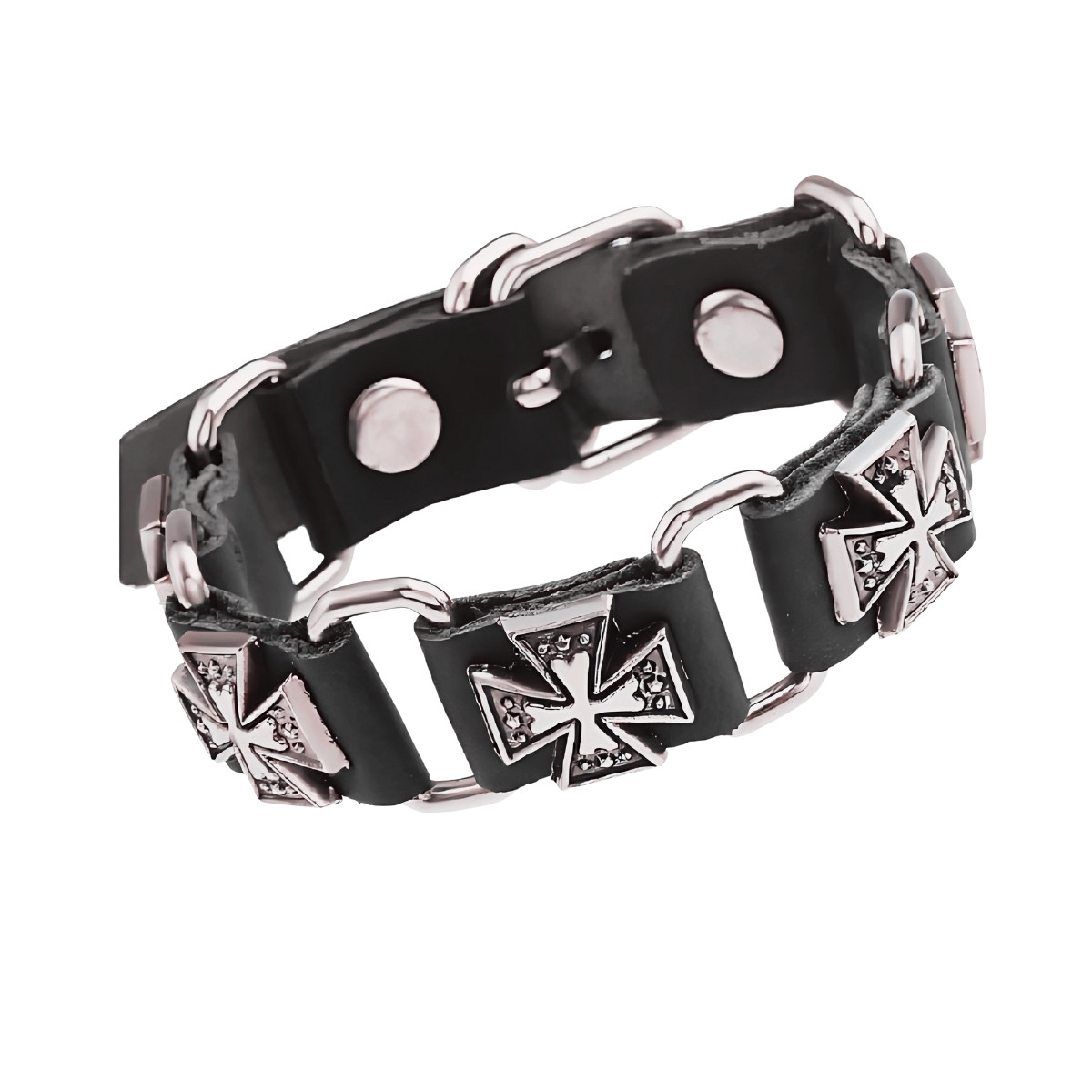 Detailed view of the black PU leather bracelet with multiple stainless steel cross emblems