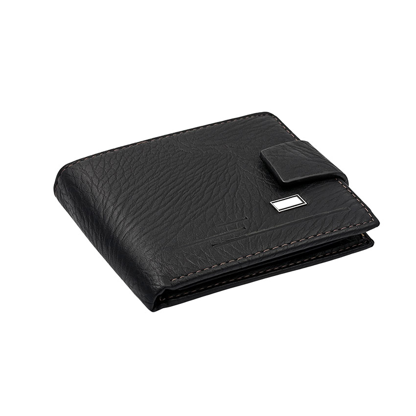Example of a custom black leather wallet with a debossed silver logo