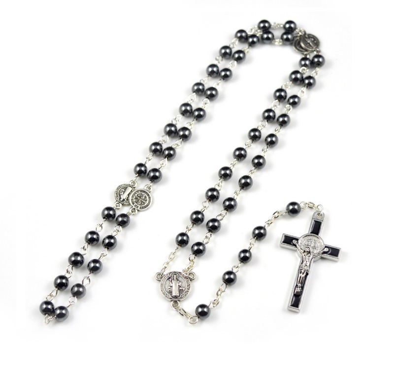 Customizable black rosary with silver crucifix and clasp