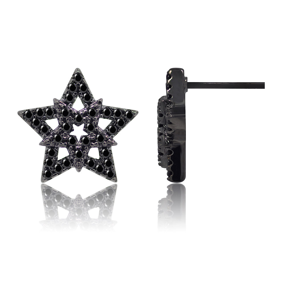 A detailed view of the black cubic zirconia star post earrings showing the layered design.