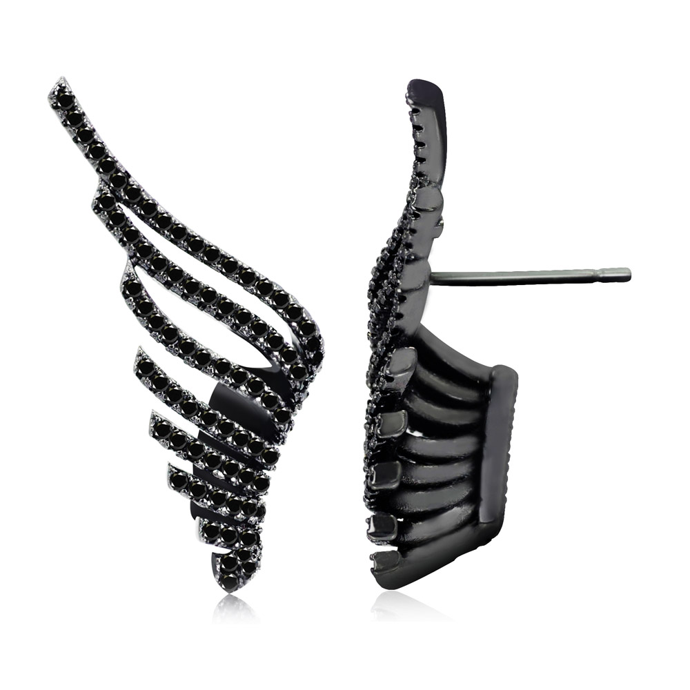 Side profile of the black wing-shaped earrings with stones
