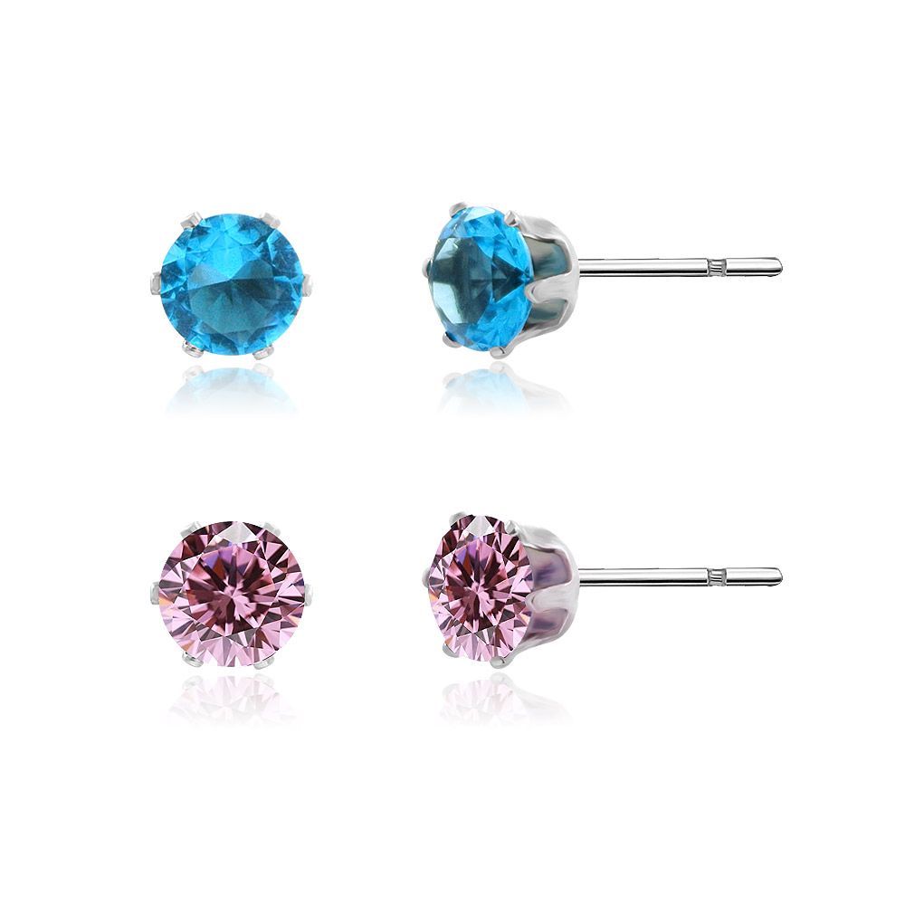 Detailed view of the 6mm CZ stud earrings in blue and pink
