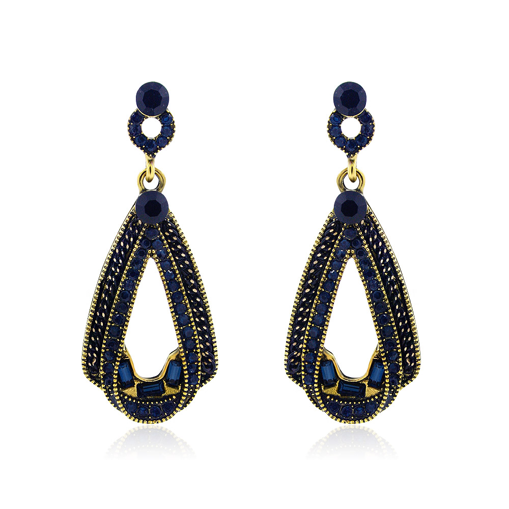 Elegant gold chandelier earrings with dark blue teardrop gemstones