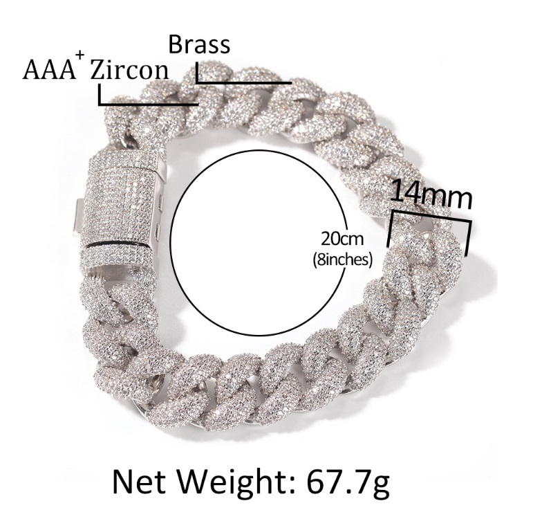 Specification image of the brass and zircon iced out bracelet showing dimensions