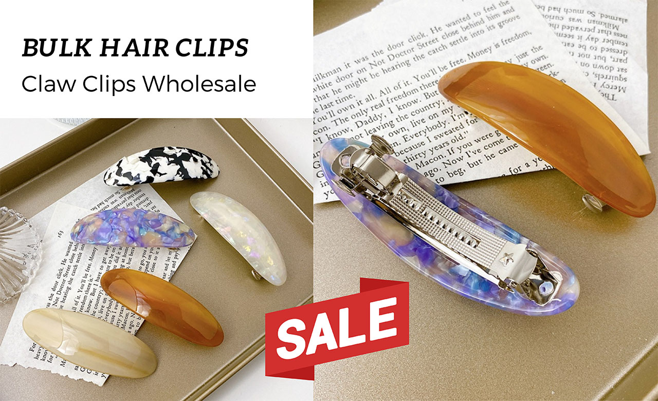A display of various wholesale claw clips and hair clips available for bulk order.