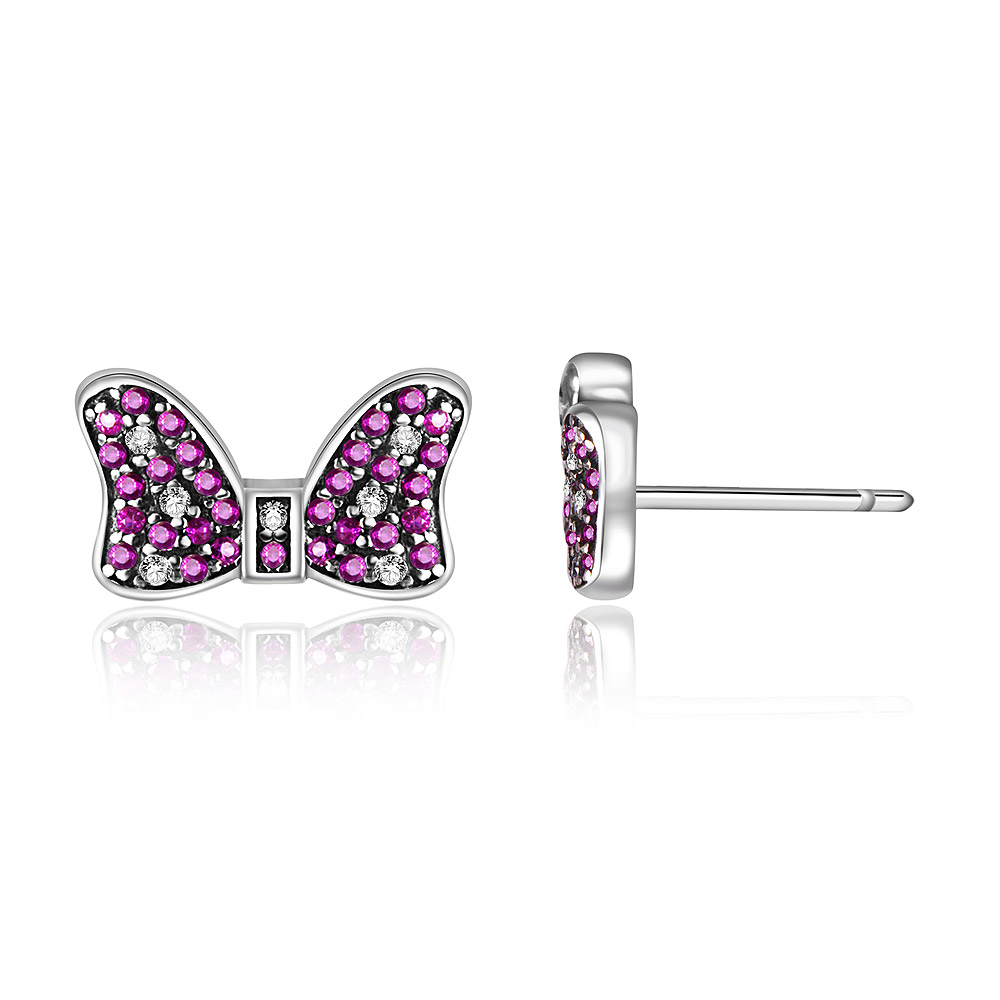 Detailed view of the pink bow stud earring's cubic zirconia stones