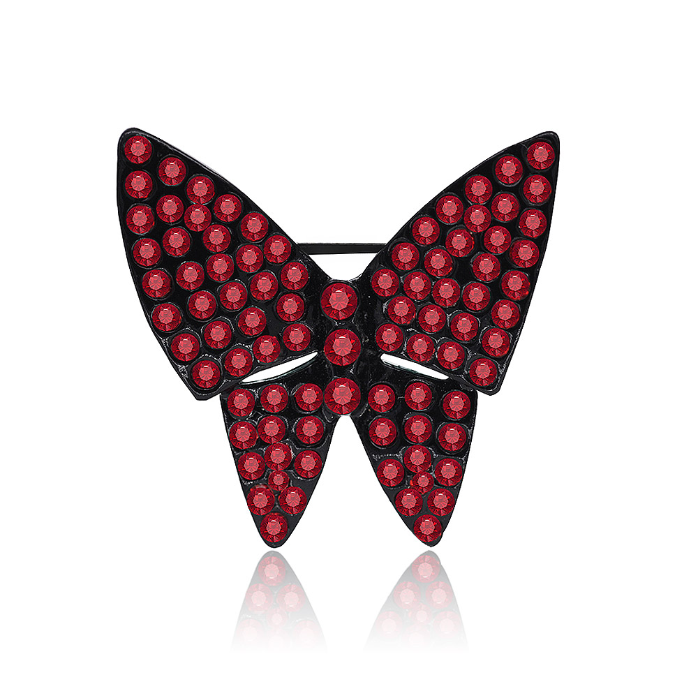 Front view of the vintage black and red butterfly brooch with crystal details