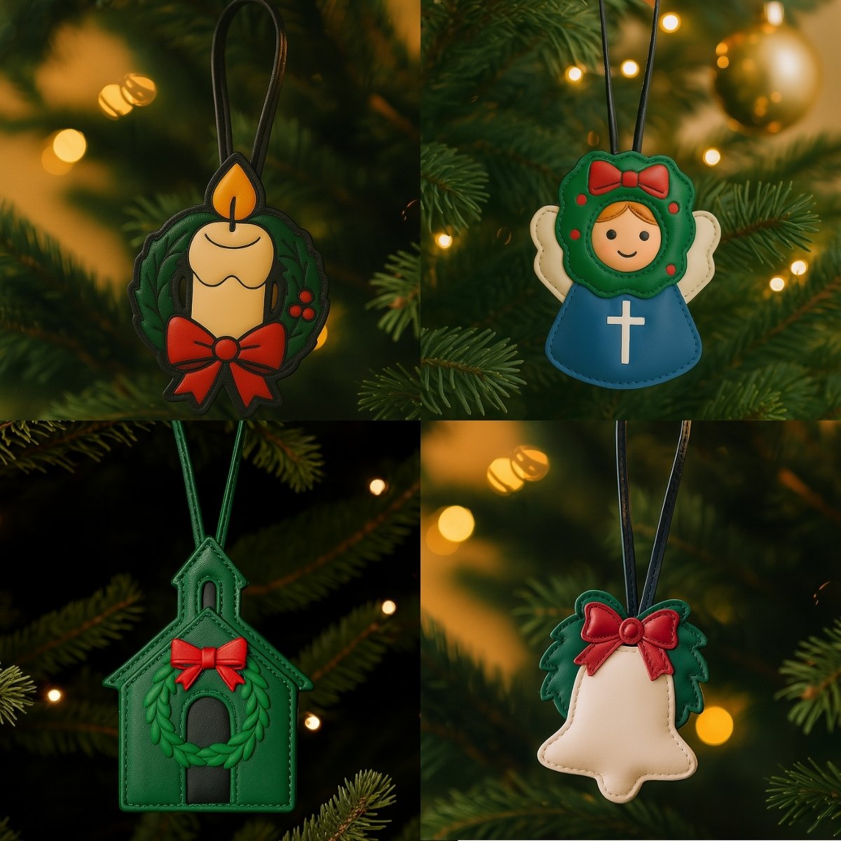 A collection of religious-themed leather ornaments on a Christmas tree