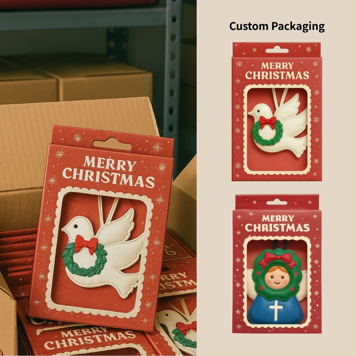 Custom Merry Christmas packaging for dove and angel leather charms