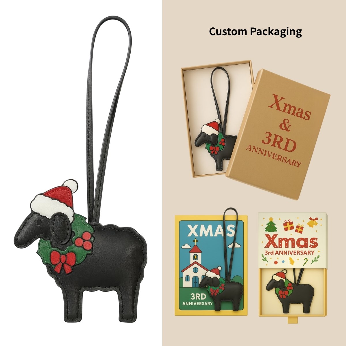 Custom packaging for a leather sheep Christmas ornament