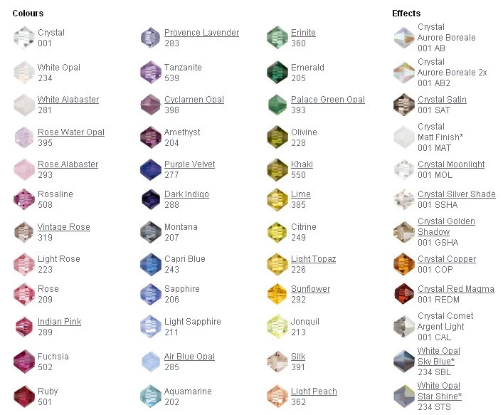 A detailed color chart showing the variety of shades available in crystal glass for jewelry.