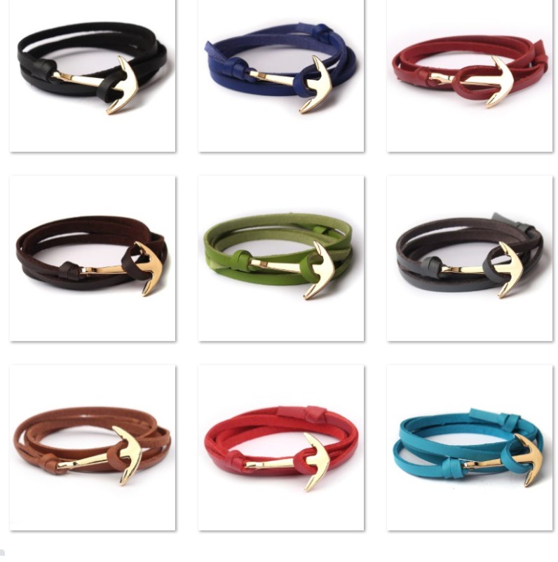 A collection of colorful PU leather bracelets with gold anchor clasps