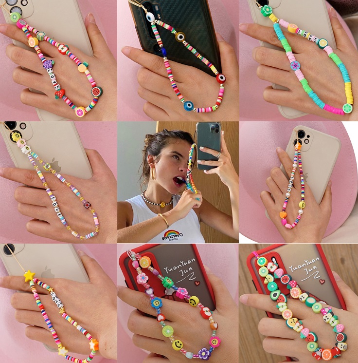 A vibrant collage of colorful beaded phone straps and charms