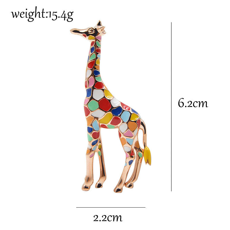 Specifications of the colorful giraffe brooch showing its dimensions and weight.