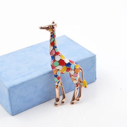 Colorful enamel giraffe brooch with a mosaic pattern