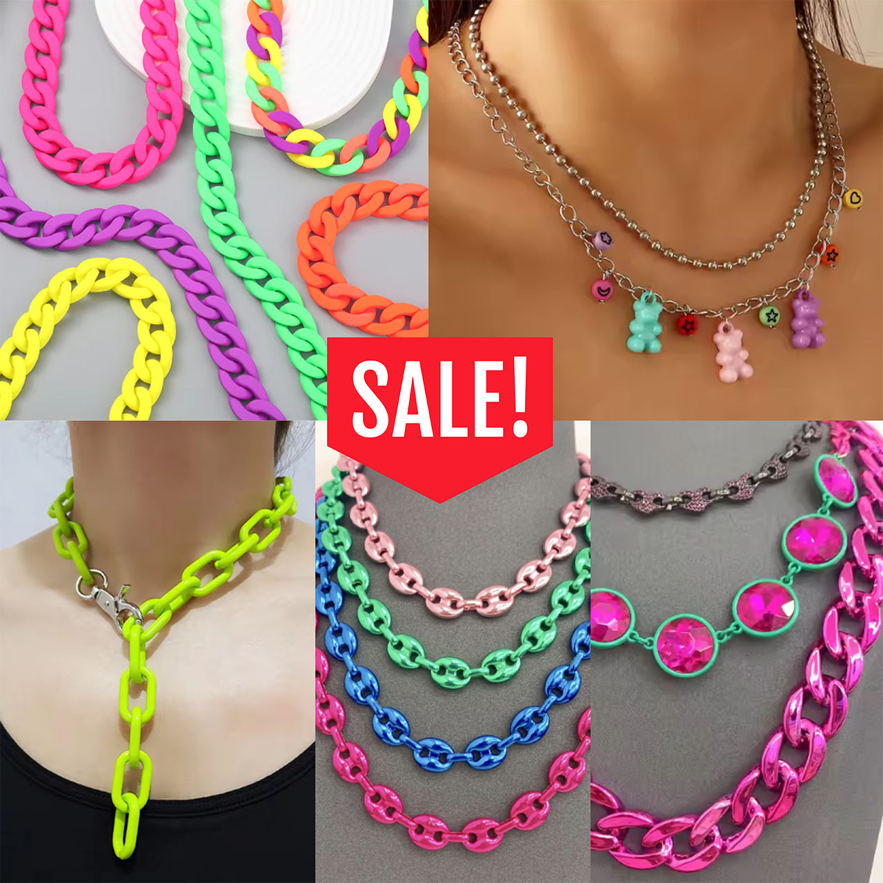 An advertisement for a sale on colorful acrylic chain necklaces, showing various styles.