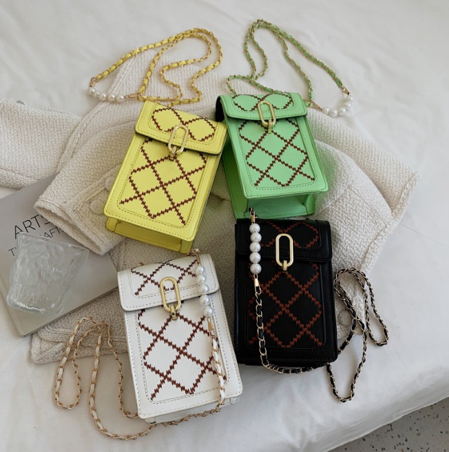 A variety of colorful cellphone shoulder bags with chain straps