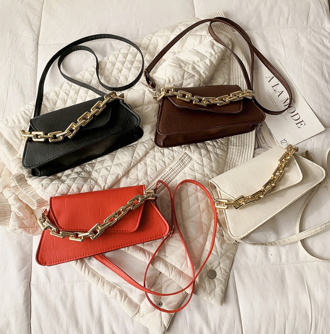 A collection of PU leather chain handbags in black, brown, red, and white