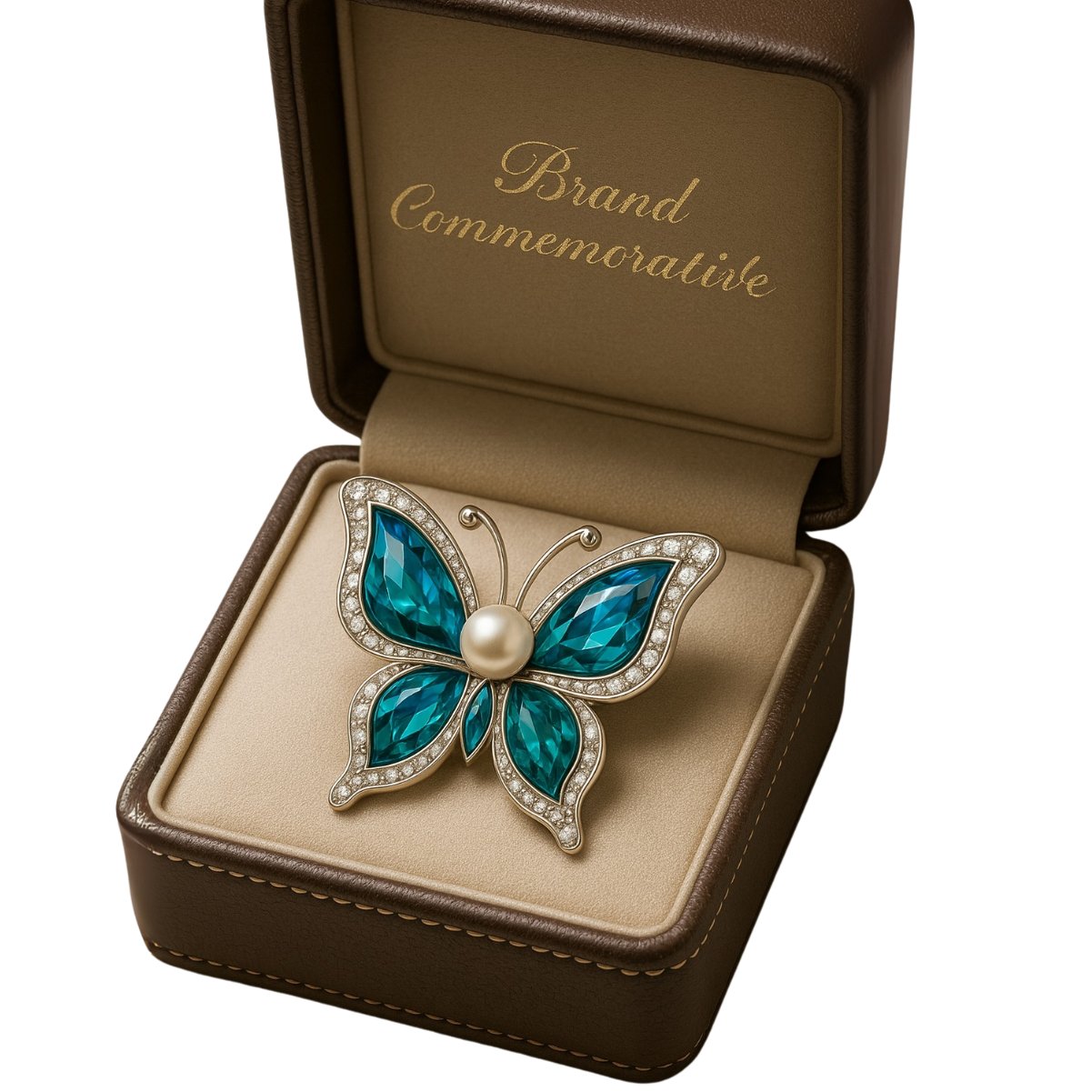 Commemorative butterfly brooch with pearl center and gemstone wings in a luxury setting