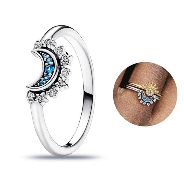 Crescent moon and star ring with blue and white zircons