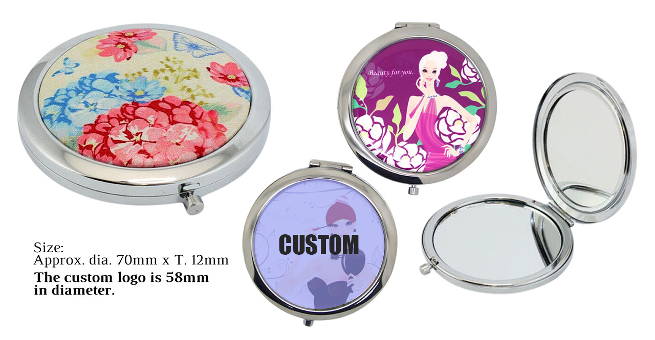 Examples of customizable compact mirrors with various designs and size information displayed.