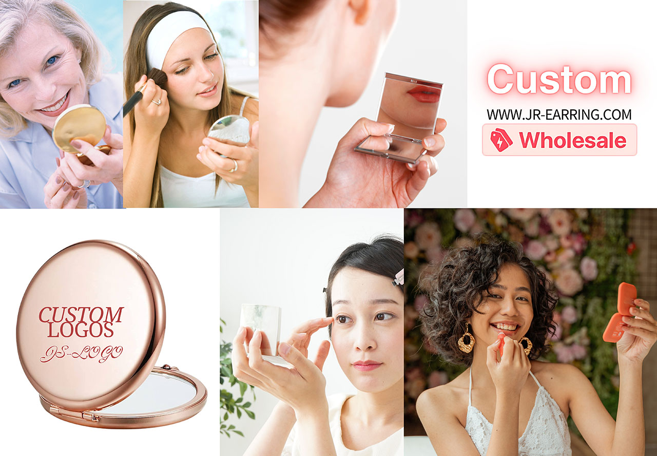 A collection of custom cosmetic products including compact mirrors and makeup brushes, highlighting wholesale services.