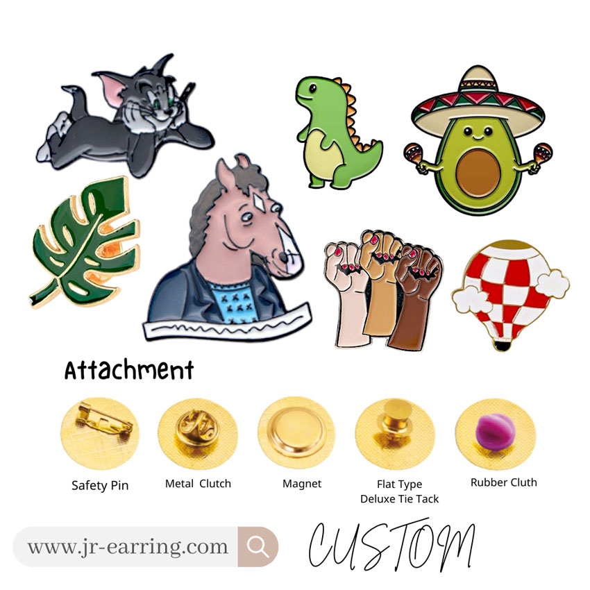 Various pin backing and attachment options for custom lapel pins.