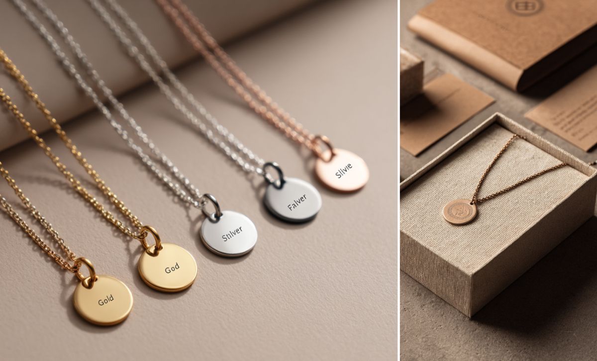 Assorted engraved disc necklaces in gold, silver, and rose gold with custom color options and private label packaging for OEM jewelry brands.