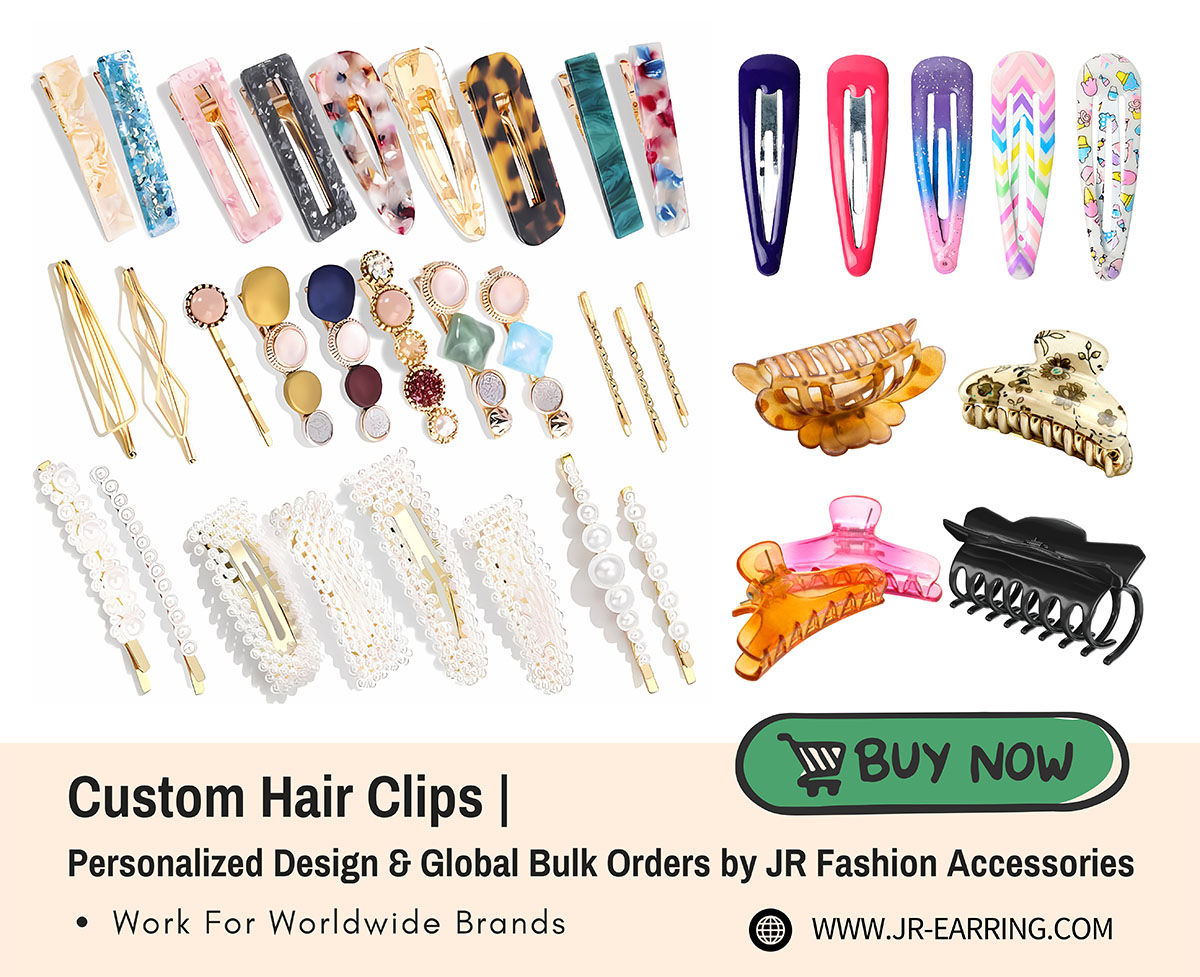 A diverse collection of custom hair clips from JR Fashion Accessories