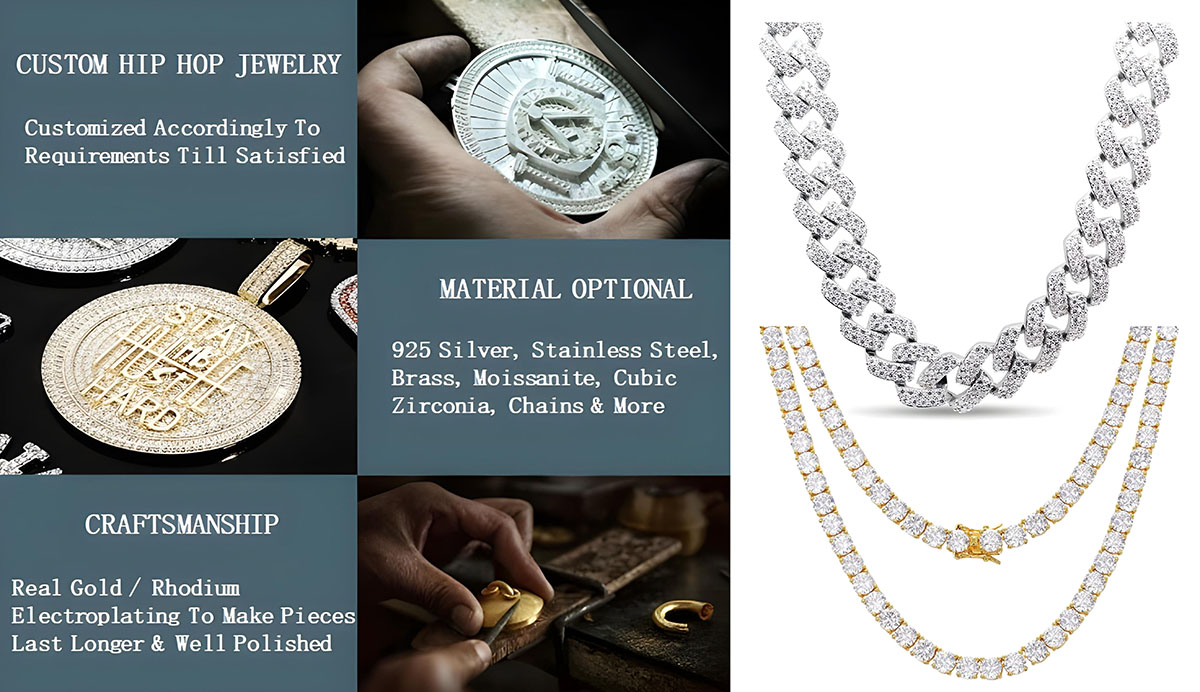 An advertisement showcasing various custom hip hop jewelry options, including different materials and craftsmanship styles.
