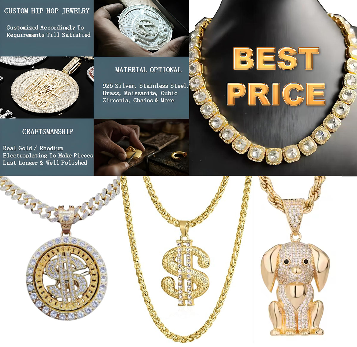 A collection of custom iced out hip hop jewelry pieces