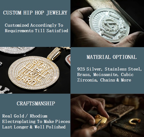 A collage displaying the steps of creating custom hip-hop jewelry, including design, molding, and the final product.