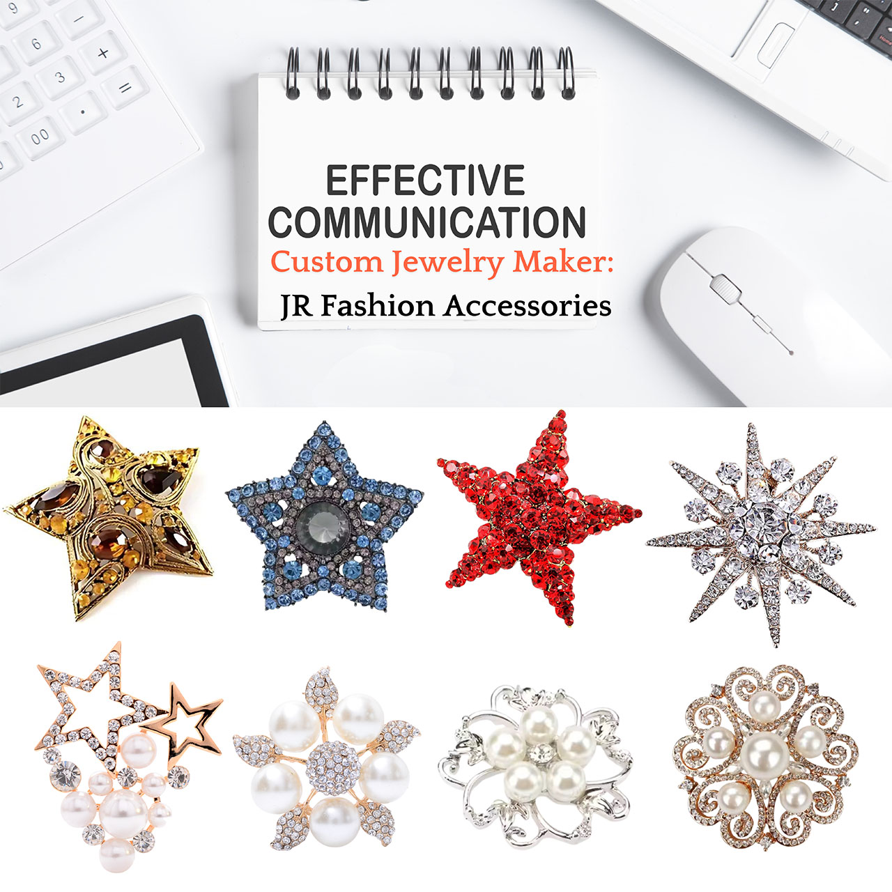 A collection of custom star-shaped brooches by JR Fashion Accessories.