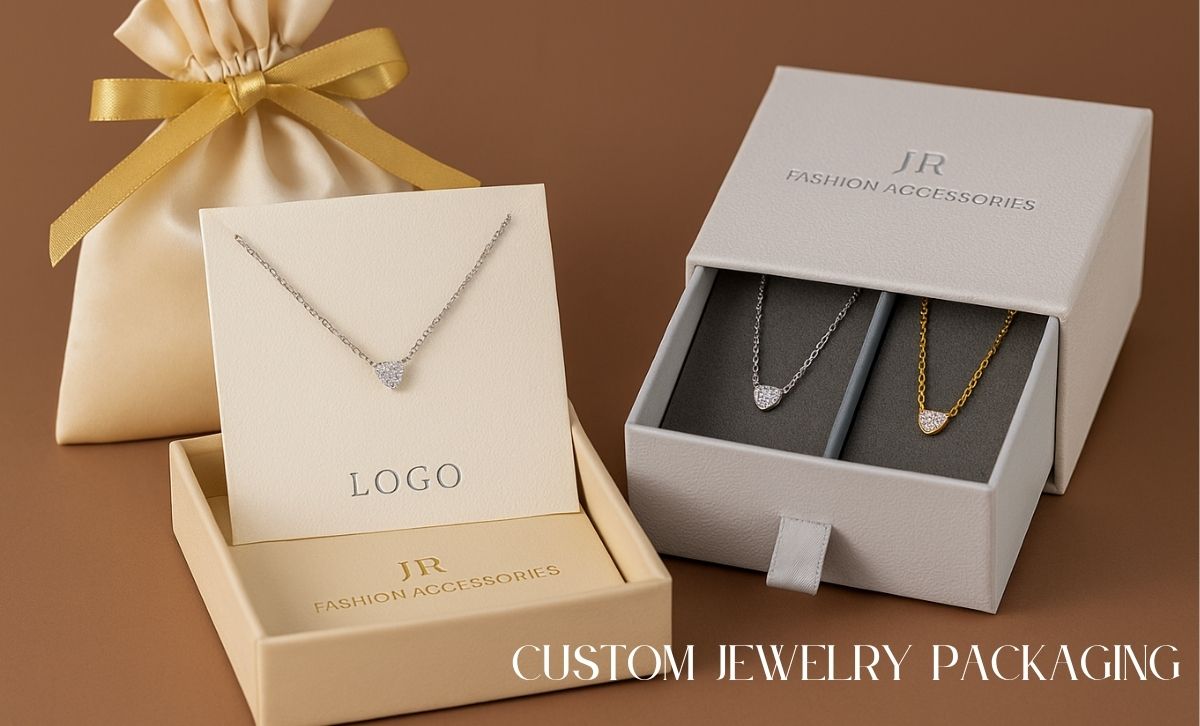 Custom logo gift box with a silver heart necklace, illustrating packaging options for wholesale jewelry.
