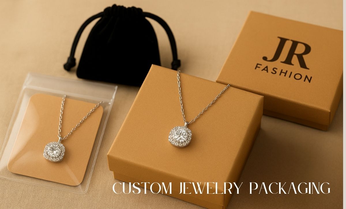 Custom jewelry packaging options for the gold and silver CZ halo pendant necklaces from wholesale supplier JR Fashion Accessories.