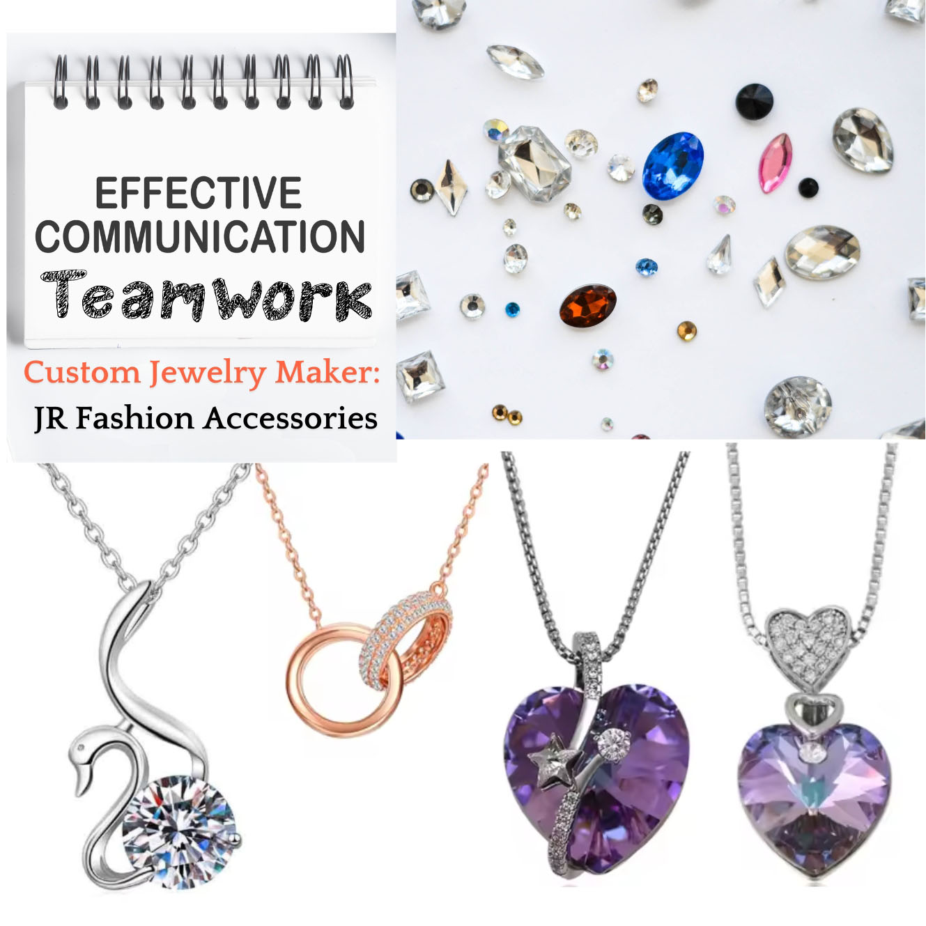A collage showing the custom jewelry design and manufacturing process at JR Fashion Accessories.