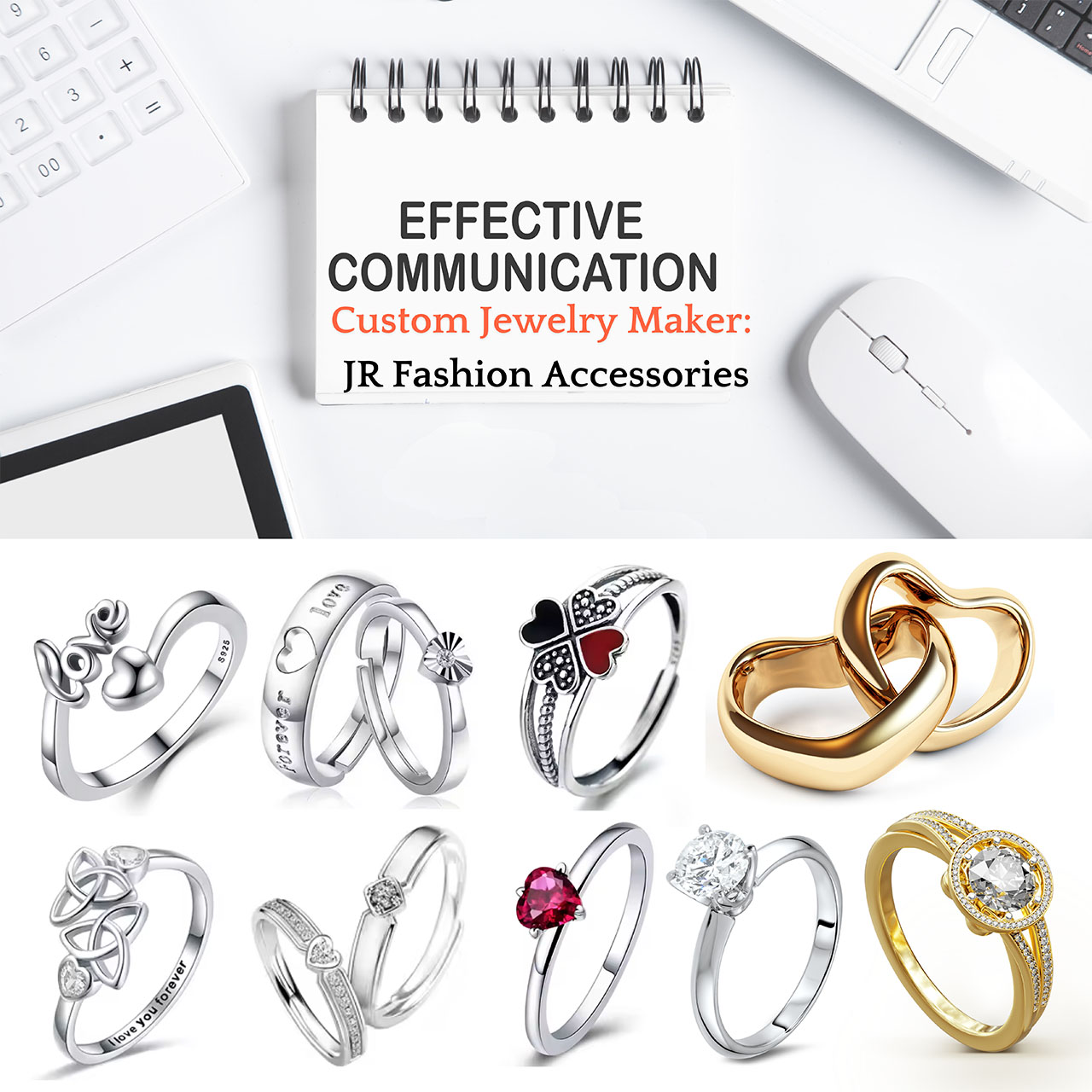 A collection of custom-designed rings from JR Fashion Accessories, highlighting manufacturing expertise.