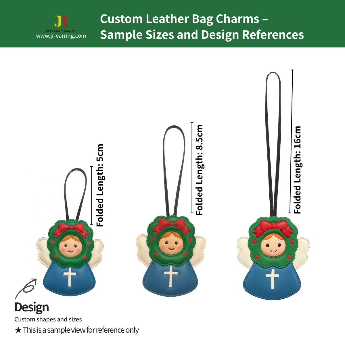 Custom leather angel bag charms shown in three different sizes