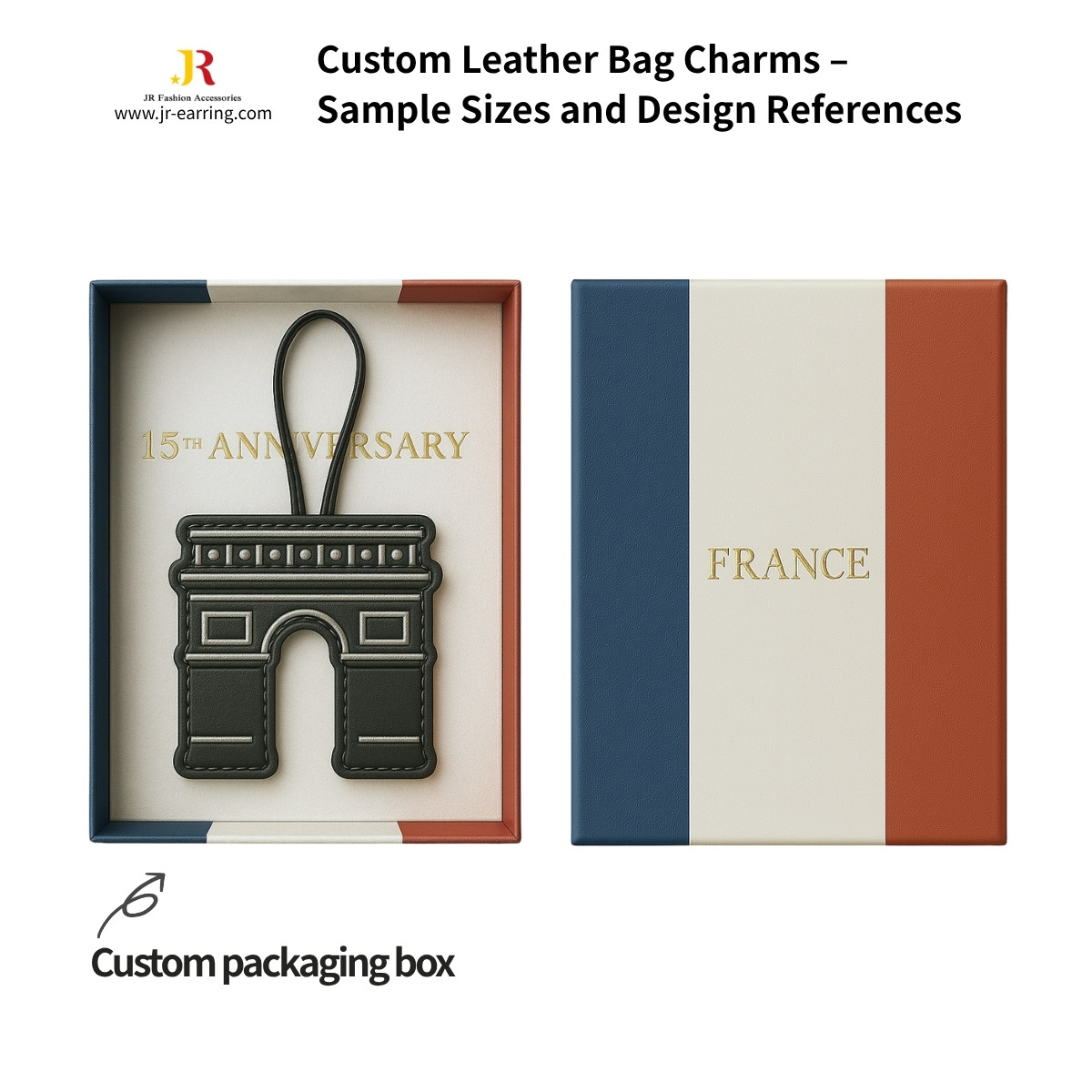 Custom leather Arc de Triomphe bag charm displayed in a branded retail box with French flag colors.