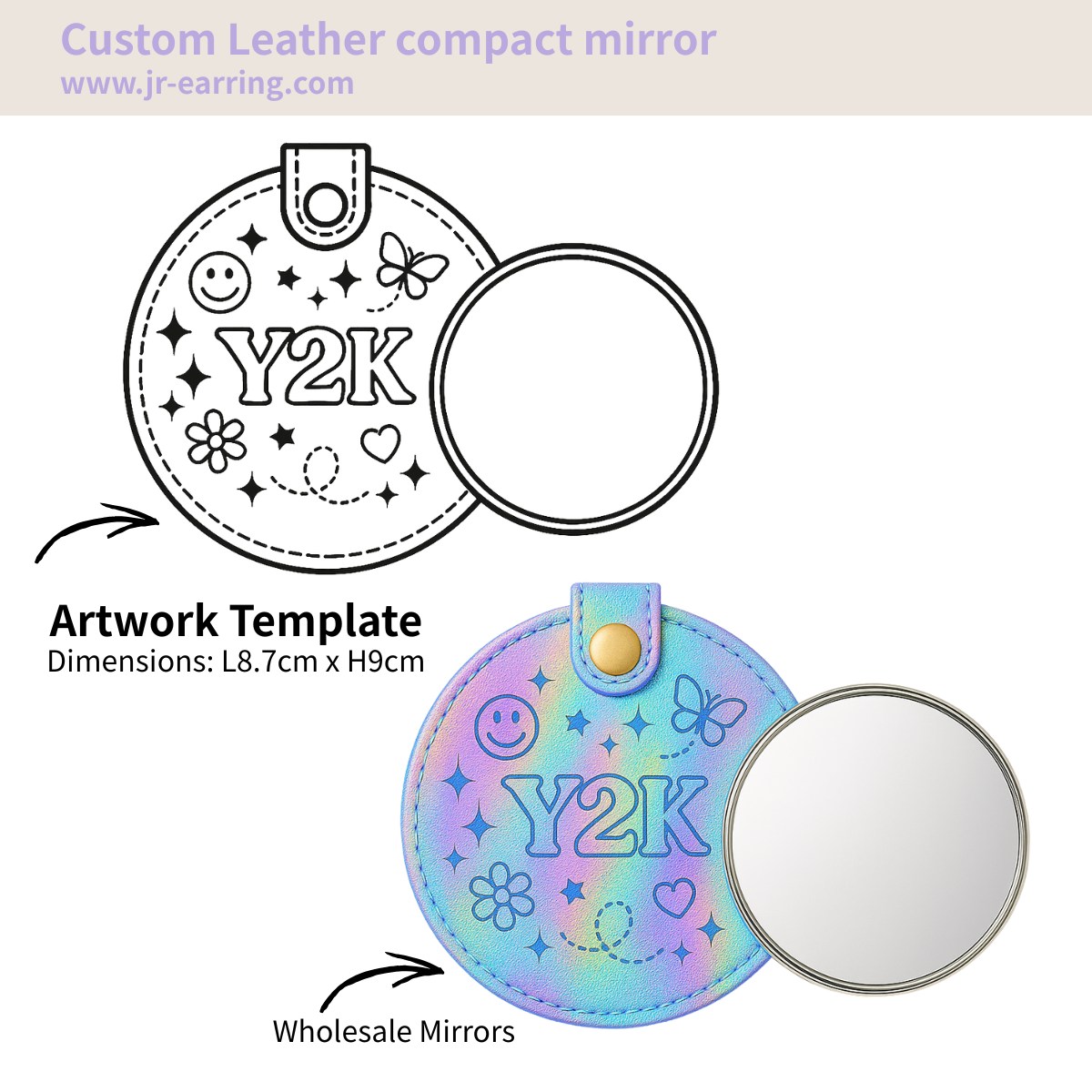 A custom leather compact mirror with a Y2K design, showing dimensions.