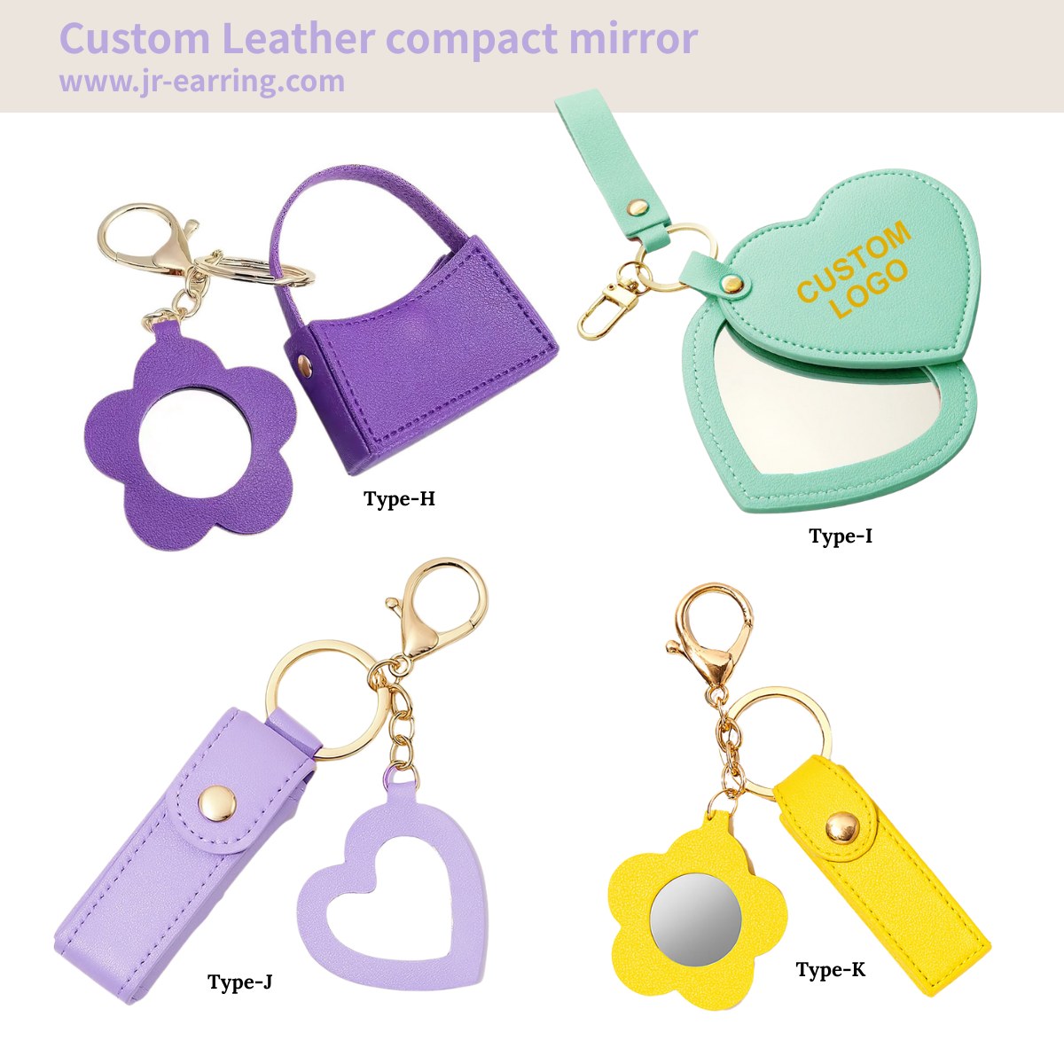 A collection of cute compact mirrors in heart and flower shapes.