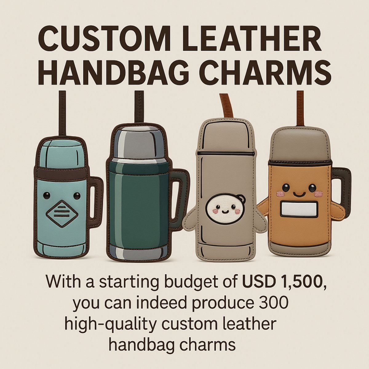 A vibrant collection of custom leather bag charms in various designs and colors.