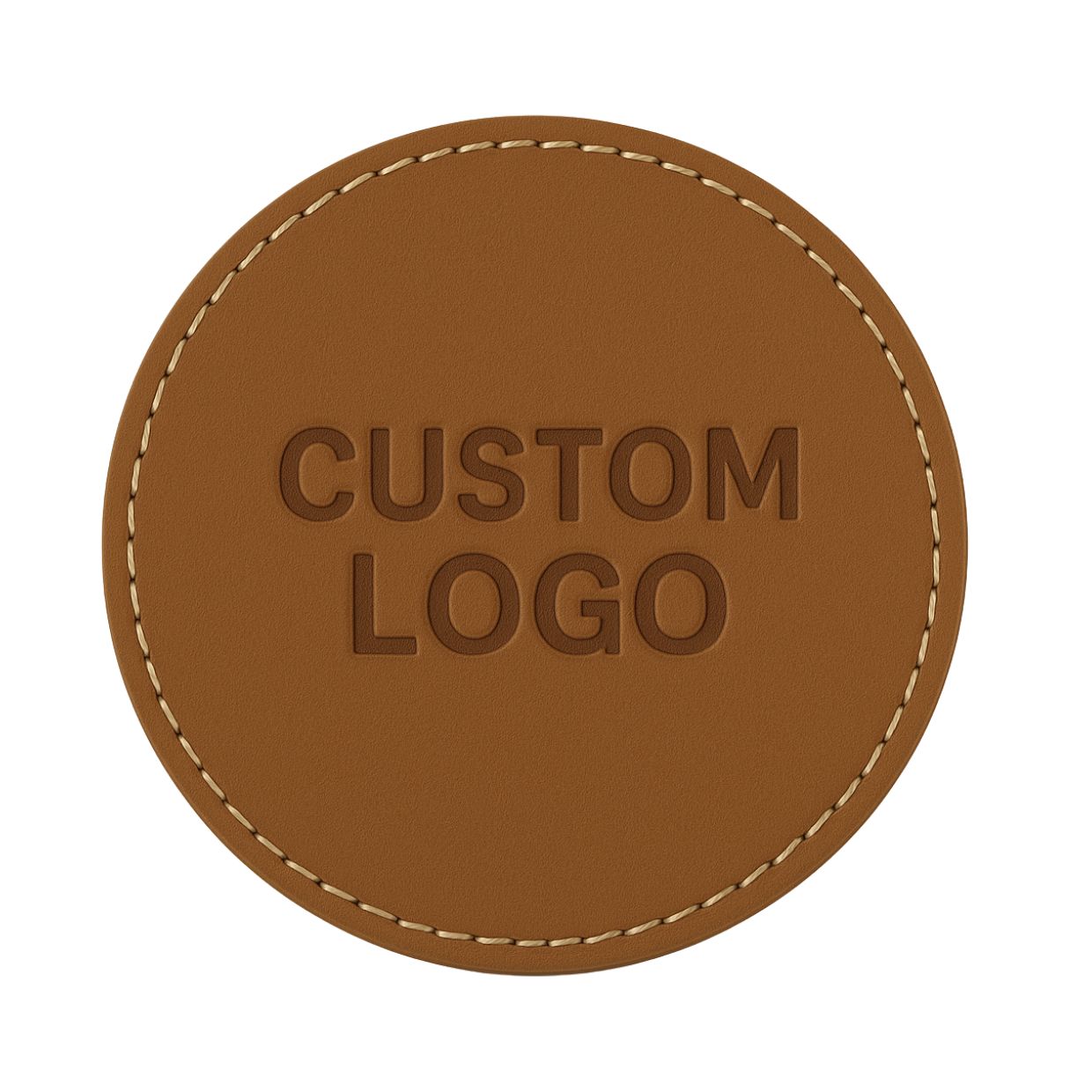 A mockup showing a custom logo design on a brown leather material sample.